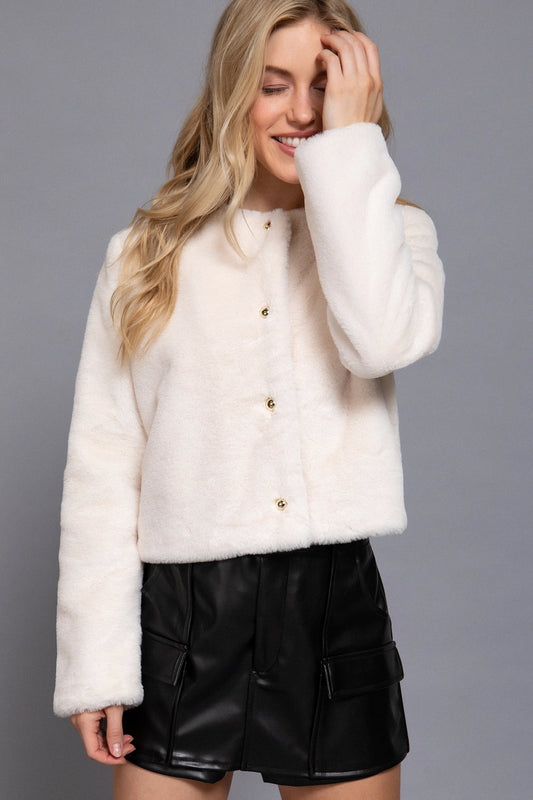 Round Neck Faux Fur Crop Coat