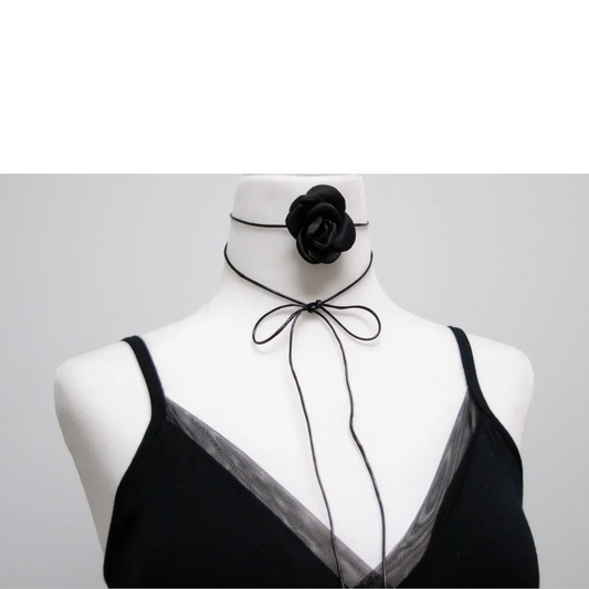 Satin Flower Rose Choker Necklace Black