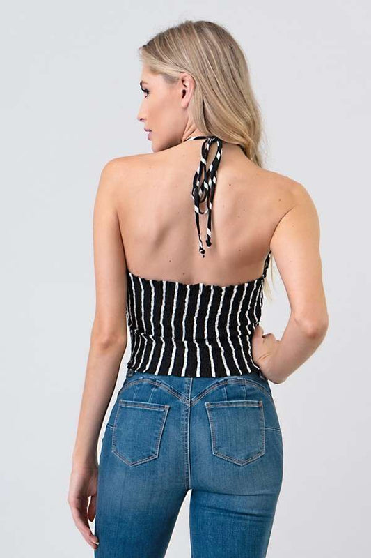 Smocking Waist Band Stripe Halter Neck Top