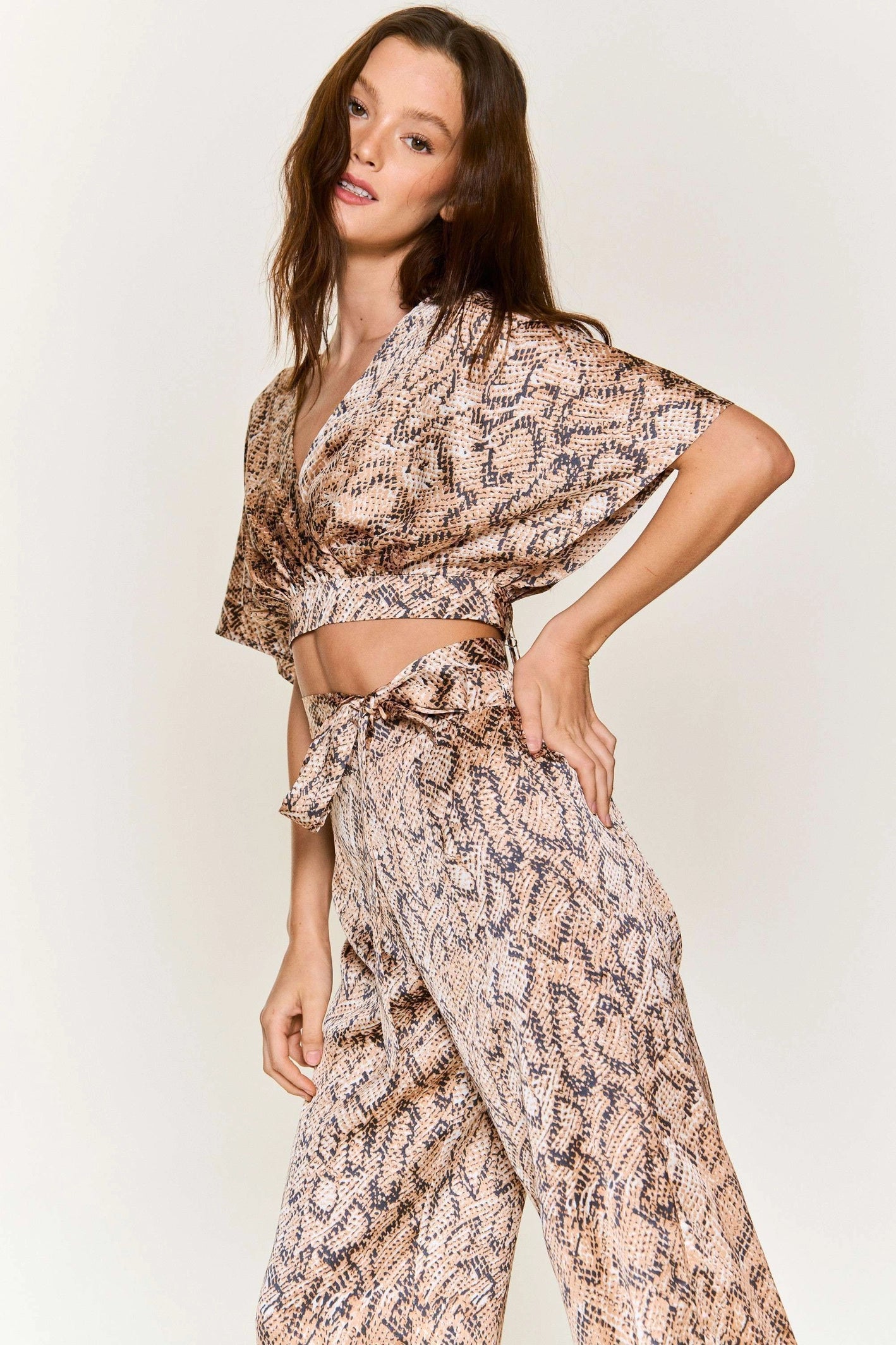 Snake Print Kimono Slv Top with Pants Set