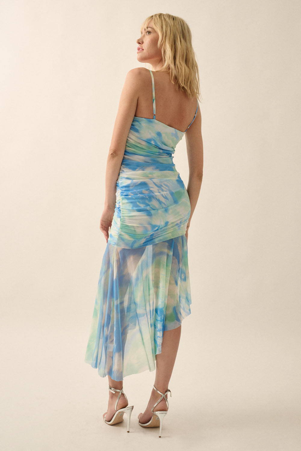 Multicolor Mesh Ruched-Bodice Midi Dress