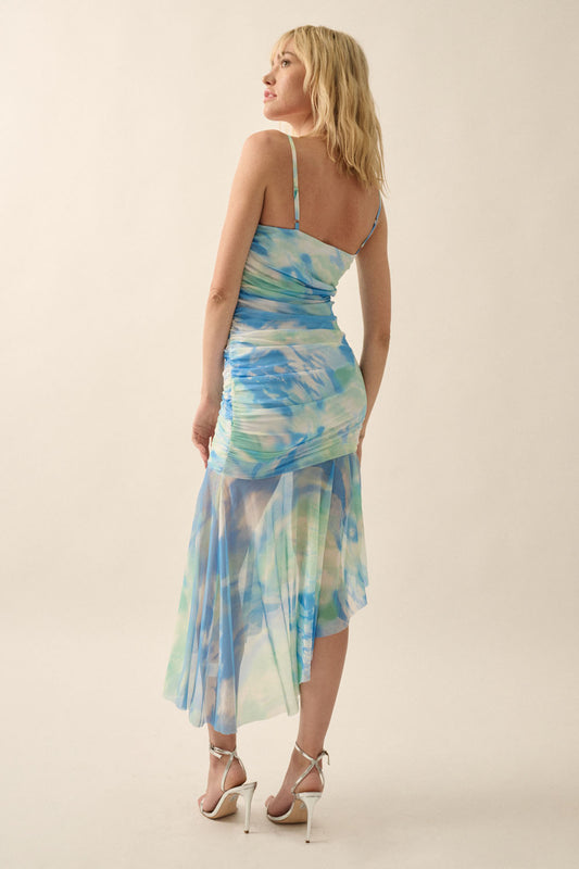 Multicolor Mesh Ruched-Bodice Midi Dress