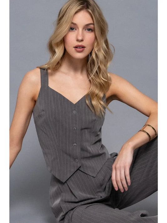 Pin Stripe Straight Woven Pants & Vest Set