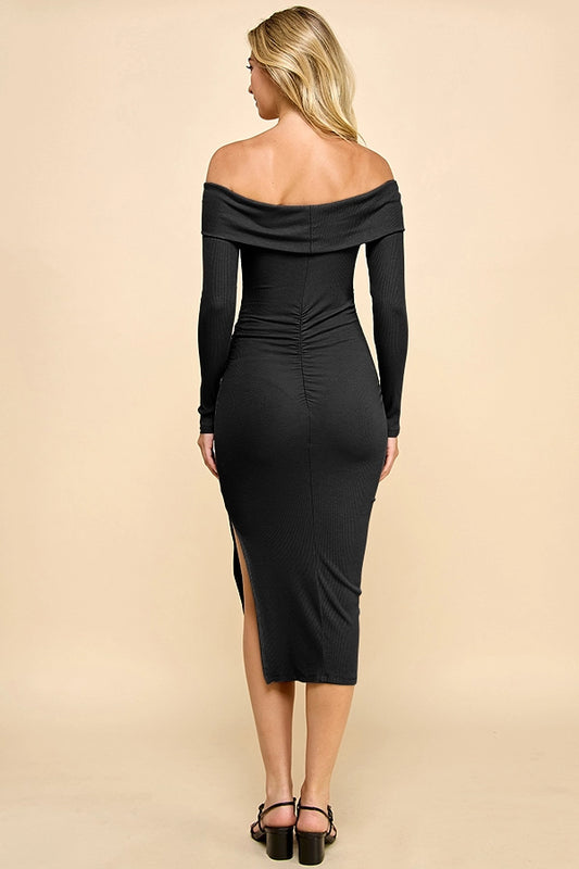Ruched Off Shoulder Midi Dress