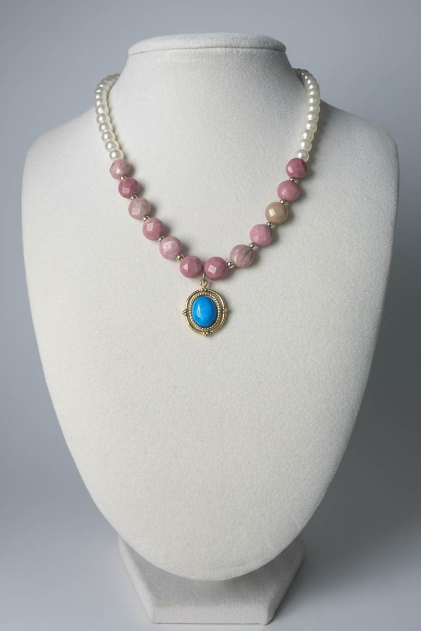Beaded Stones & Pearl Necklace with Turquoise Pendant