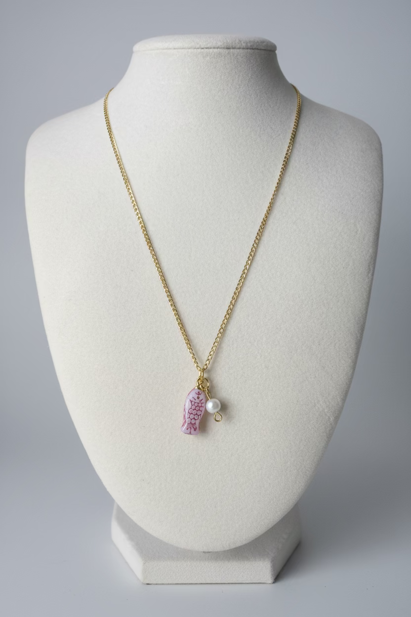 Pink Fish & Fresh Water Pearl Gold Necklace