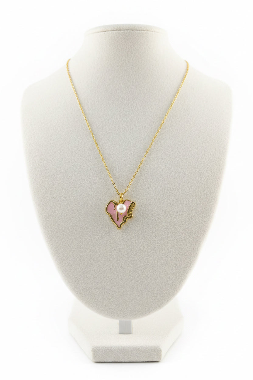 Molten Pink Drip Pearl Heart Necklace