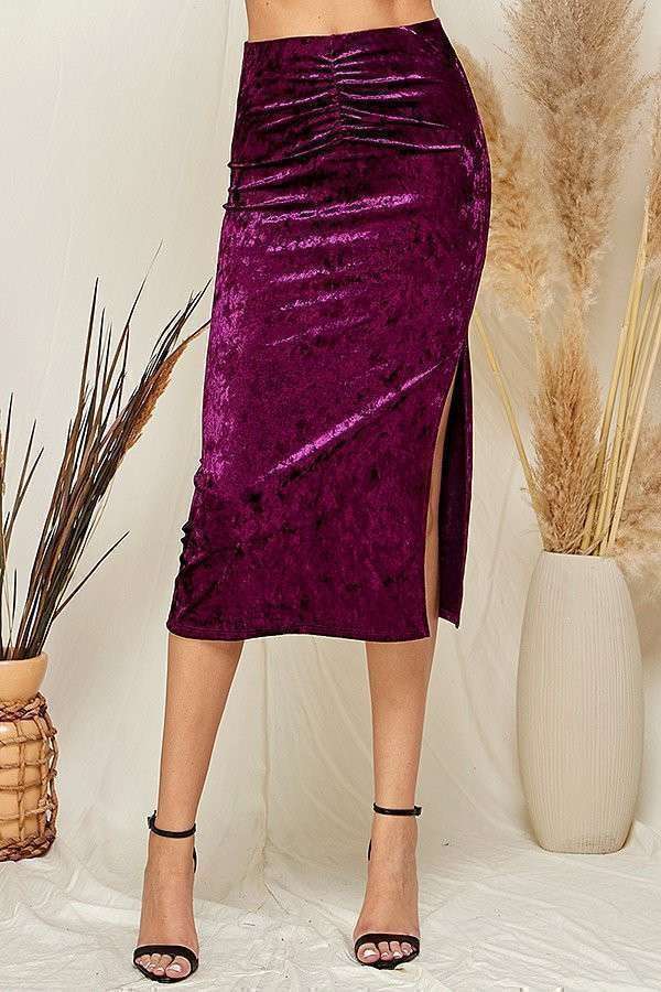 Velvet Midi Skirt Ruched Waist