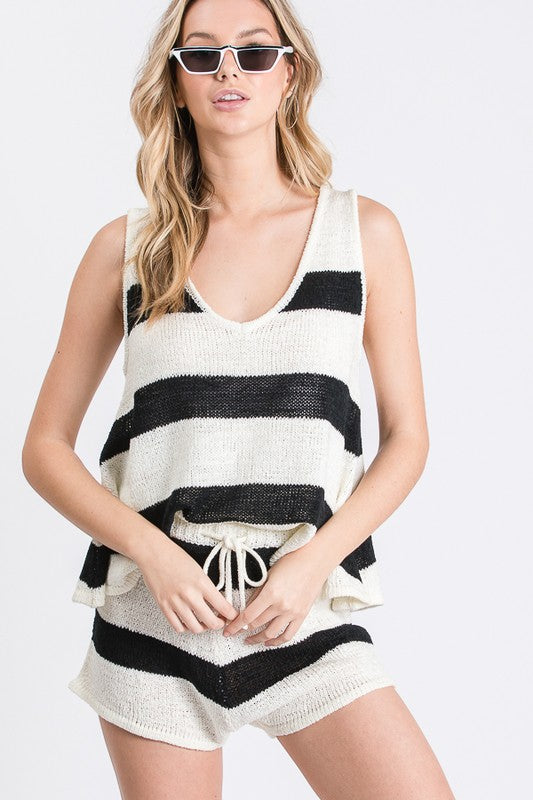 Striped Knitted Sleeveless Top & Shorts Set