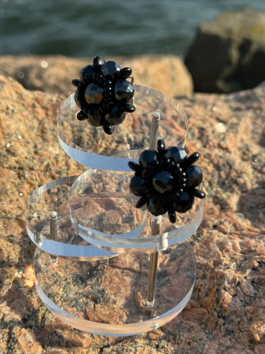 Black Screw Clip Floral Earrings