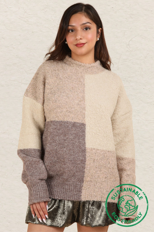 Oversized Color Block Cozy Knit Sweater