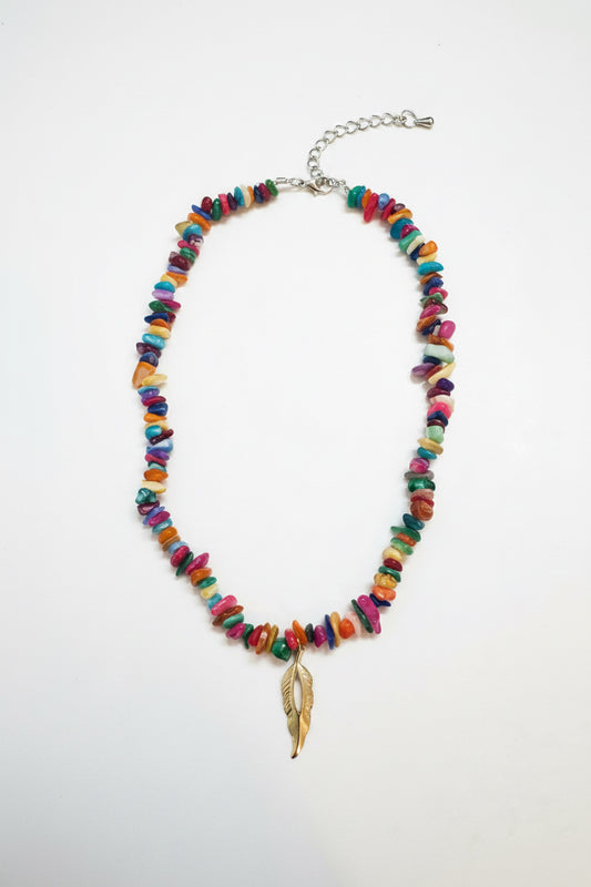 Dye Beaded Shells  Necklace with Feather Charm