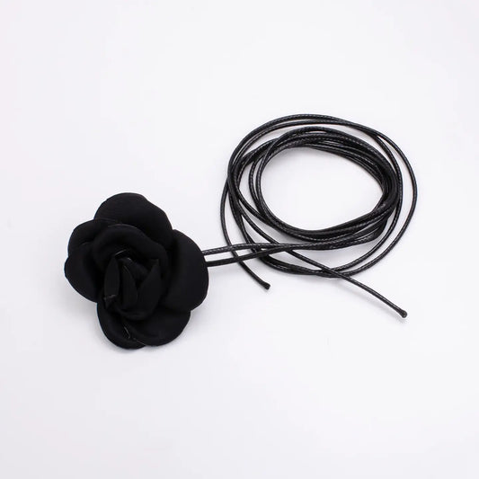Satin Flower Rose Choker Necklace Black