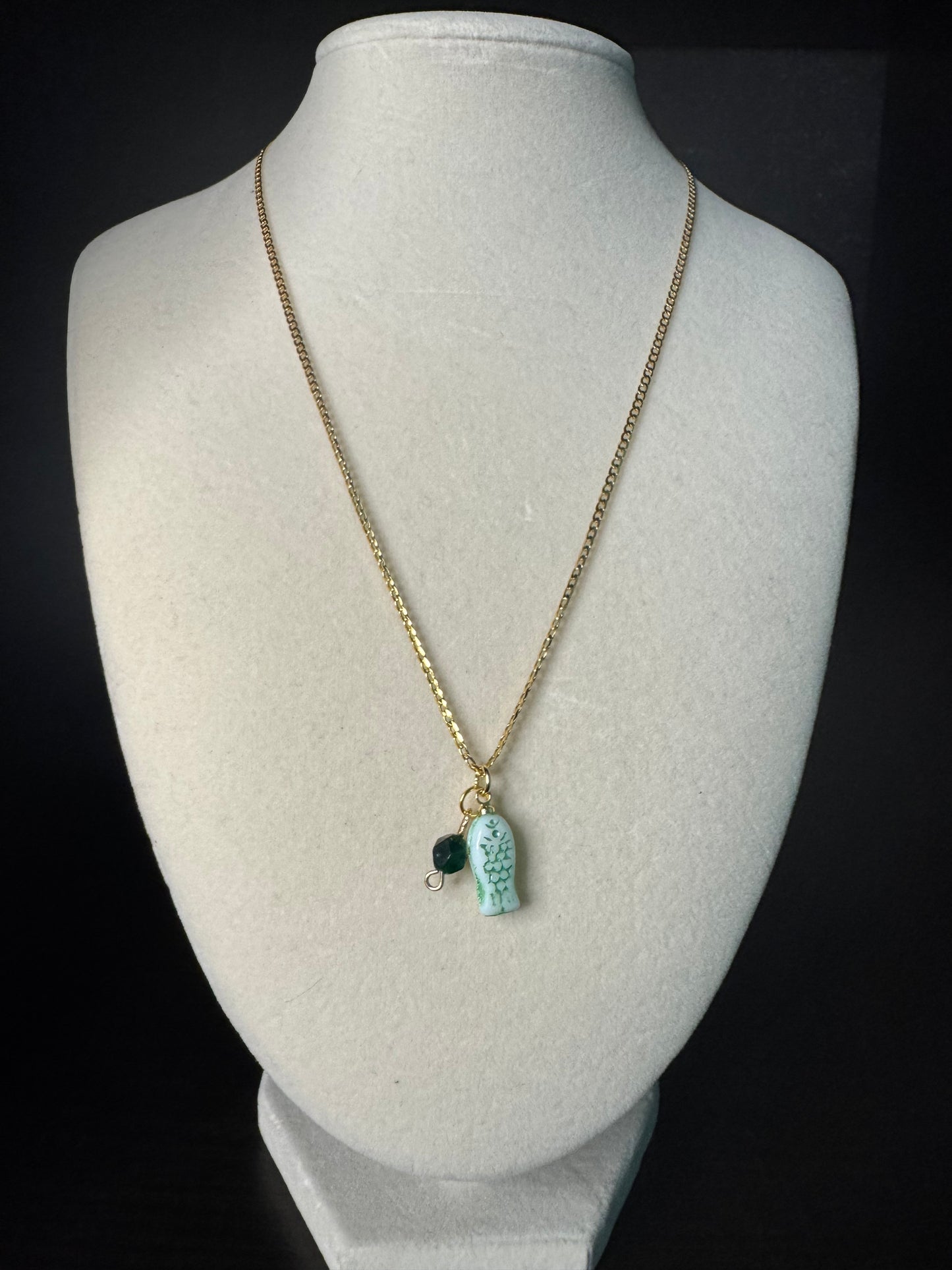 Green Fish & Tigers Eye Charms Gold Necklace