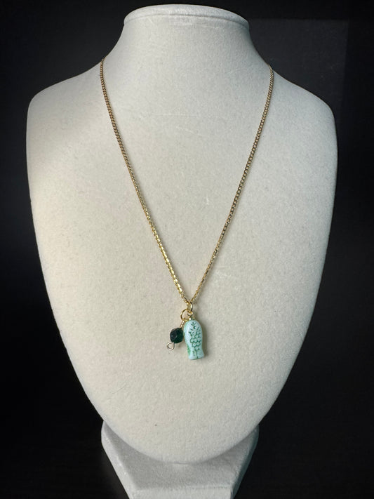 Green Fish & Tigers Eye Charms Gold Necklace