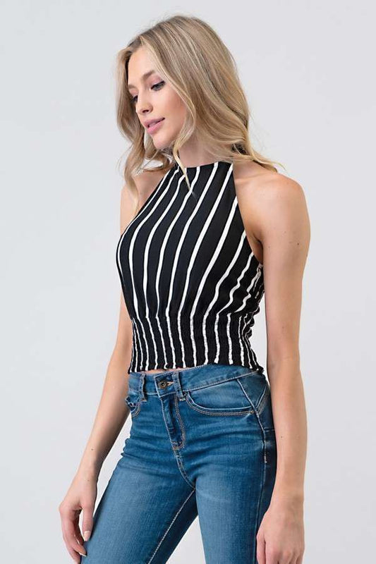 Smocking Waist Band Stripe Halter Neck Top