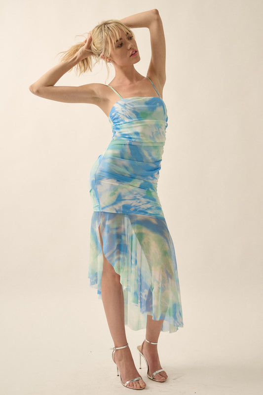 Multicolor Mesh Ruched-Bodice Midi Dress