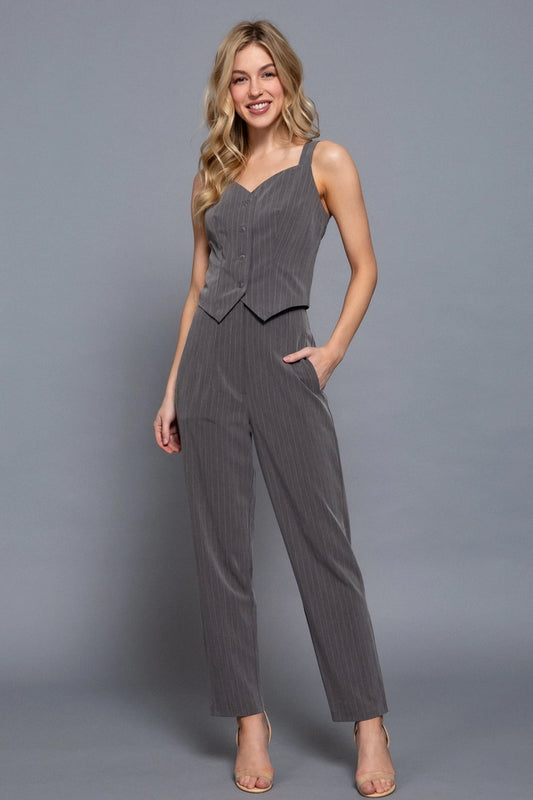 Pin Stripe Straight Woven Pants & Vest Set