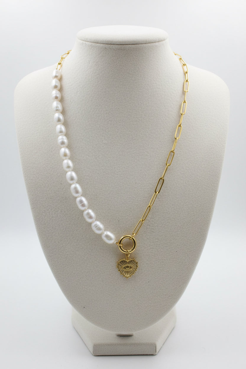 Freshwater Pearl Paperclip Chain with Protection Evil Eye Charm Holder
