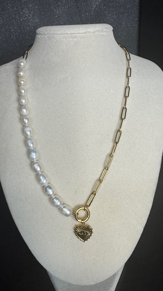 Freshwater Pearl Paperclip Chain with Protection Evil Eye Charm Holder