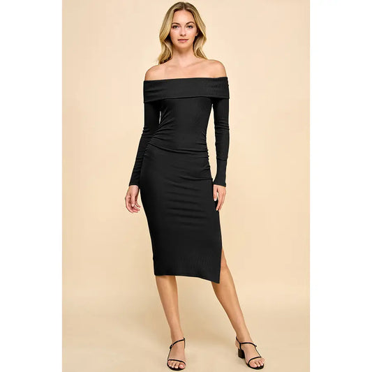 Ruched Off Shoulder Midi Dress