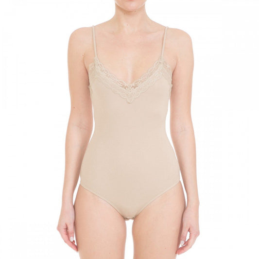 Ribbed Lace-Trimmed V-Neck Cami Strap Bodysuit