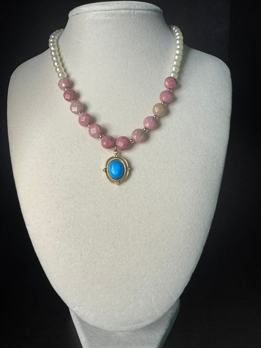 Beaded Stones & Pearl Necklace with Turquoise Pendant