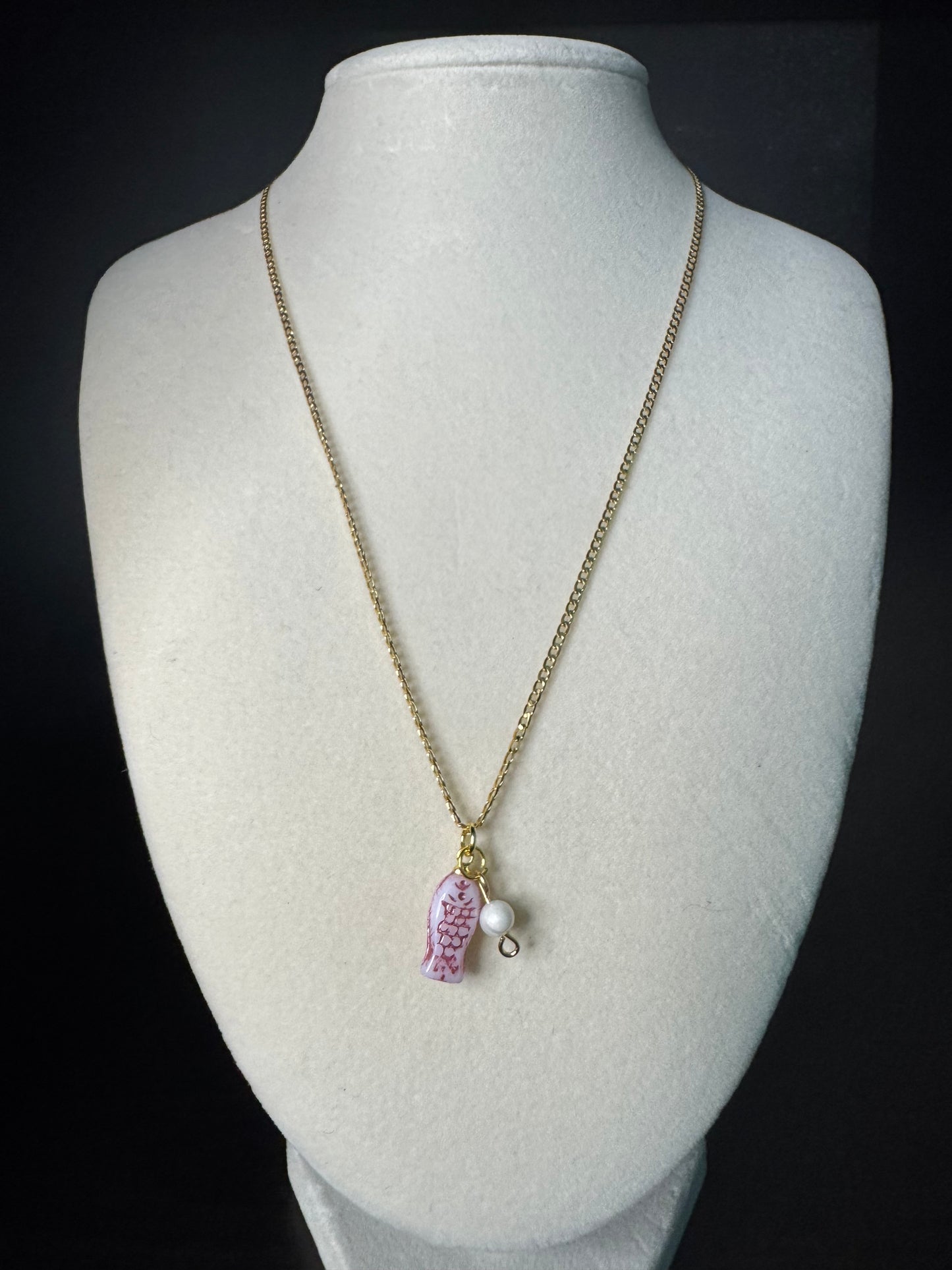 Pink Fish & Fresh Water Pearl Gold Necklace