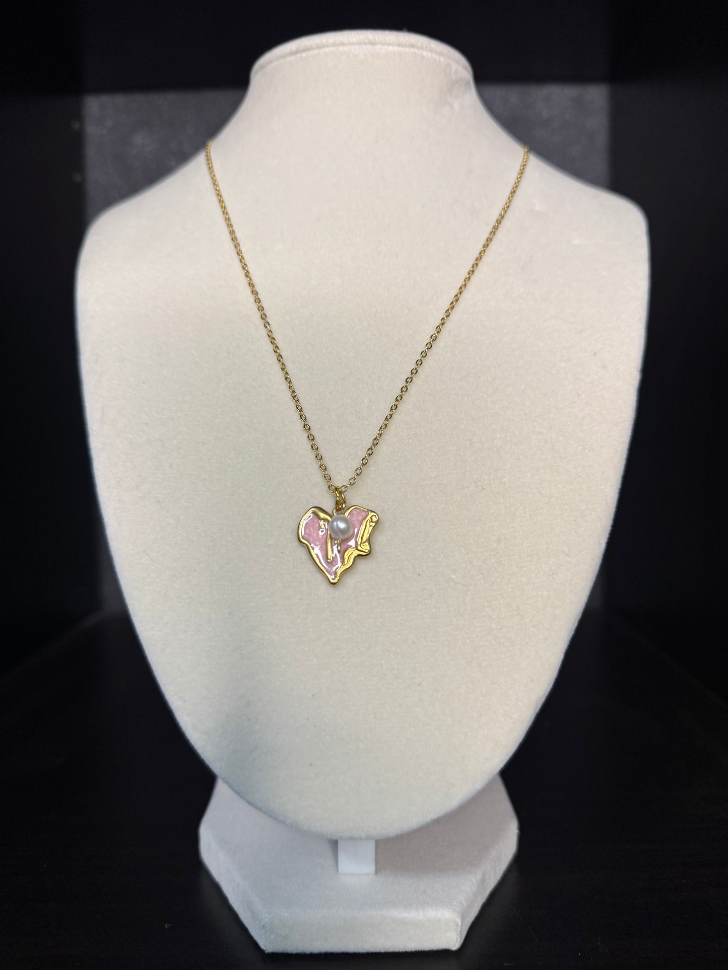 Molten Pink Drip  Pearl Heart Necklace