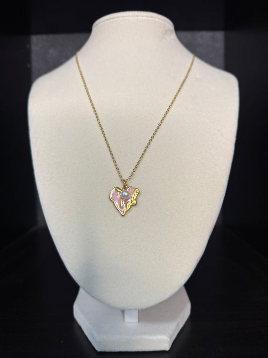 Molten Pink Drip  Pearl Heart Necklace